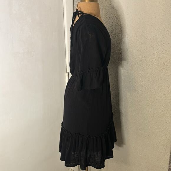 FAVLUX Black V-Neck Babydoll Mini Dress S Boho Costal Cowgirl Festival Indie LBD - Picture 3 of 11